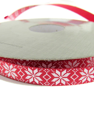 Narrow Red Satin Nordic Snowflake Christmas Ribbon - 20 Meter Roll - 10mm - 0610