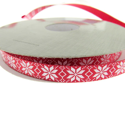 Narrow Red Satin Nordic Snowflake Christmas Ribbon - 20 Meter Roll - 10mm - 0610