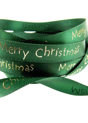 Satin Merry Christmas Ribbon 10mm - Red or Green with Gold Printed Message 54113