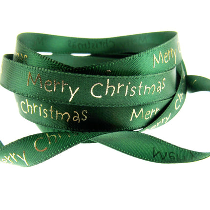 Satin Merry Christmas Ribbon 10mm - Red or Green with Gold Printed Message 54113