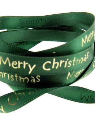 Satin Merry Christmas Ribbon 10mm - Red or Green with Gold Printed Message 54113