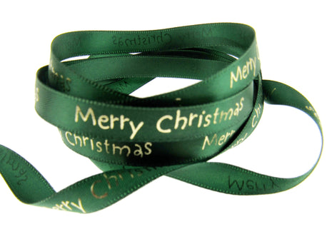 Satin Merry Christmas Ribbon 10mm - Red or Green with Gold Printed Message 54113