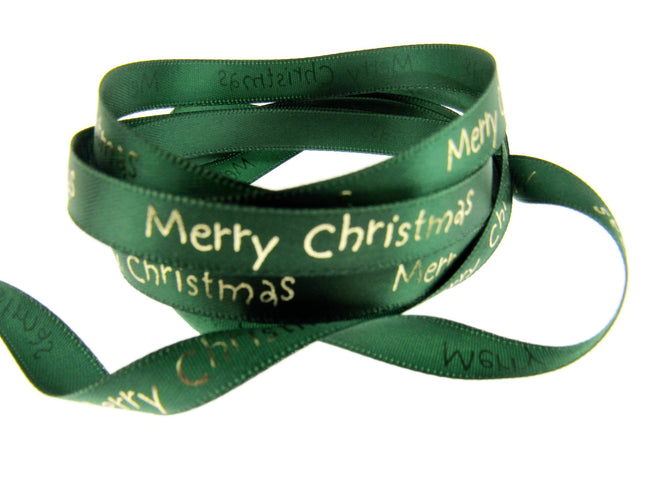 Satin Merry Christmas Ribbon 10mm - Red or Green with Gold Printed Message 54113