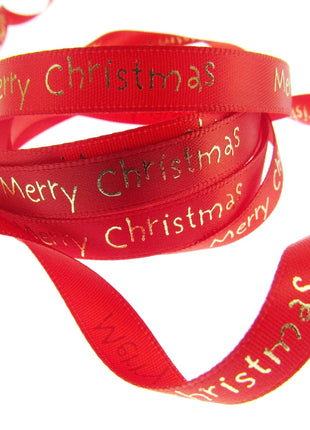 Satin Merry Christmas Ribbon 10mm - Red or Green with Gold Printed Message 54113