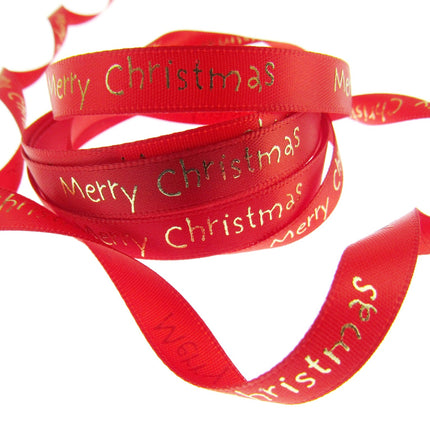 Satin Merry Christmas Ribbon 10mm - Red or Green with Gold Printed Message 54113