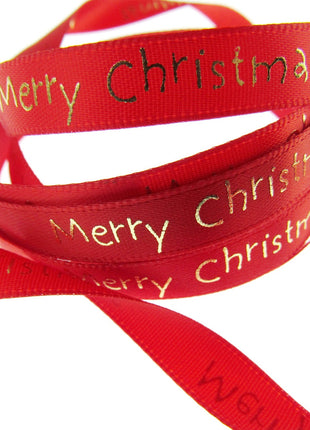 Satin Merry Christmas Ribbon 10mm - Red or Green with Gold Printed Message 54113