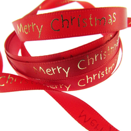 Satin Merry Christmas Ribbon 10mm - Red or Green with Gold Printed Message 54113