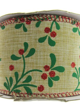 Wired Woven Edge Natural Berry & Holly Christmas Ribbon - 2m - 63mm Wide - 46093