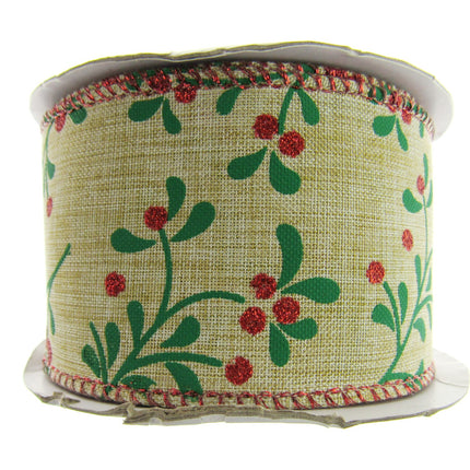 Wired Woven Edge Natural Berry & Holly Christmas Ribbon - 2m - 63mm Wide - 46093
