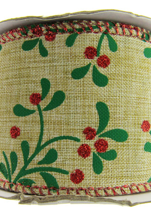 Wired Woven Edge Natural Berry & Holly Christmas Ribbon - 2m - 63mm Wide - 46093