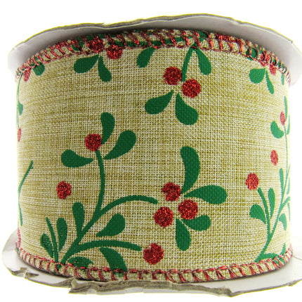 Wired Woven Edge Natural Berry & Holly Christmas Ribbon - 2m - 63mm Wide - 46093
