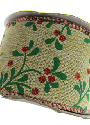 Wired Woven Edge Natural Berry & Holly Christmas Ribbon - 2m - 63mm Wide - 46093