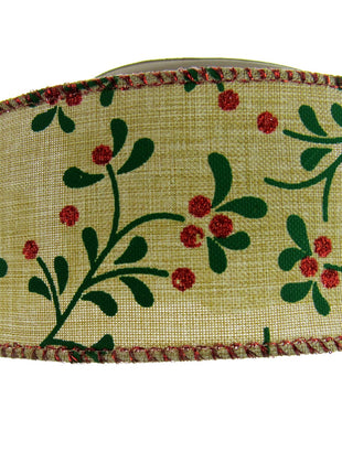 Wired Woven Edge Natural Berry & Holly Christmas Ribbon - 2m - 63mm Wide - 46093
