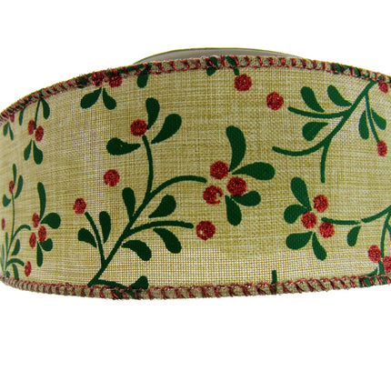 Wired Woven Edge Natural Berry & Holly Christmas Ribbon - 2m - 63mm Wide - 46093
