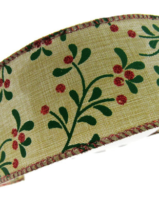 Wired Woven Edge Natural Berry & Holly Christmas Ribbon - 2m - 63mm Wide - 46093
