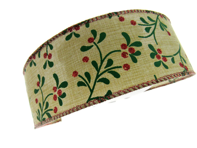 Wired Woven Edge Natural Berry & Holly Christmas Ribbon - 2m - 63mm Wide - 46093