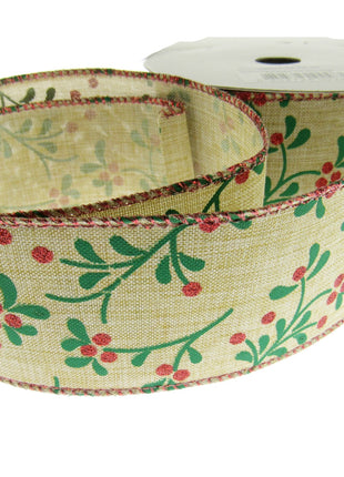 Wired Woven Edge Natural Berry & Holly Christmas Ribbon - 2m - 63mm Wide - 46093