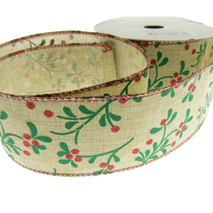 Wired Woven Edge Natural Berry & Holly Christmas Ribbon - 2m - 63mm Wide - 46093