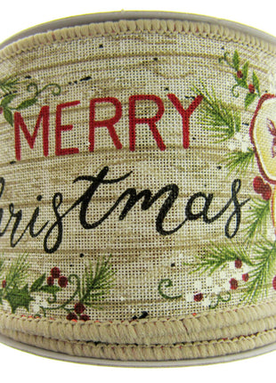 Wired Woven Edge Natural Merry Christmas Ribbon Holly Berries- 2m - 63mm - 46081