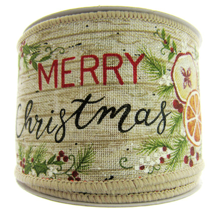 Wired Woven Edge Natural Merry Christmas Ribbon Holly Berries- 2m - 63mm - 46081