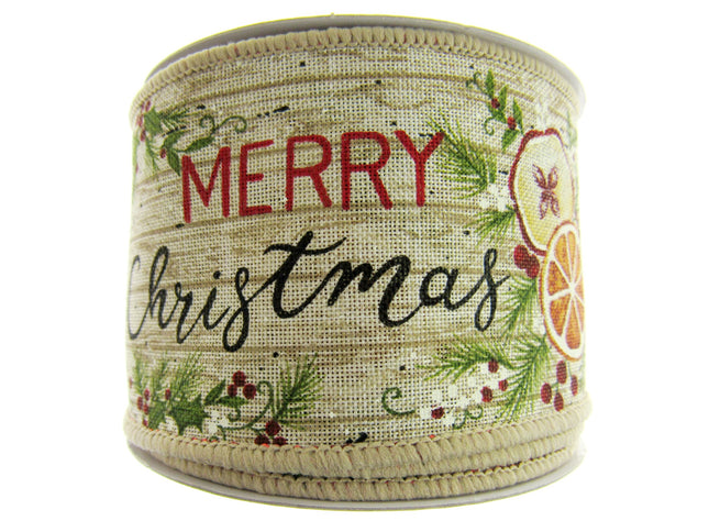 Wired Woven Edge Natural Merry Christmas Ribbon Holly Berries- 2m - 63mm - 46081