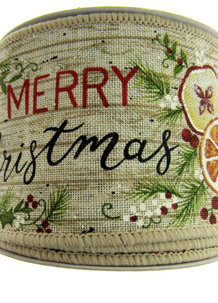 Wired Woven Edge Natural Merry Christmas Ribbon Holly Berries- 2m - 63mm - 46081