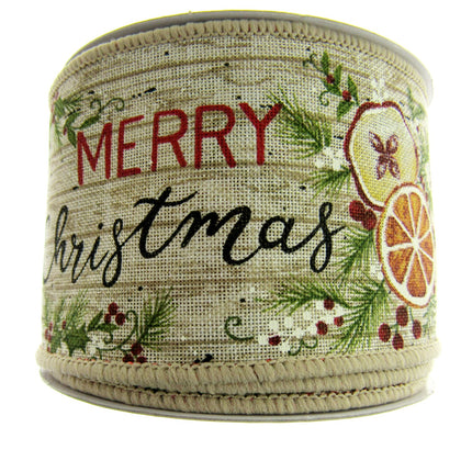 Wired Woven Edge Natural Merry Christmas Ribbon Holly Berries- 2m - 63mm - 46081