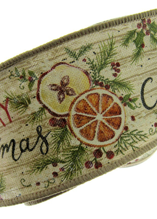 Wired Woven Edge Natural Merry Christmas Ribbon Holly Berries- 2m - 63mm - 46081