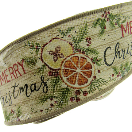 Wired Woven Edge Natural Merry Christmas Ribbon Holly Berries- 2m - 63mm - 46081