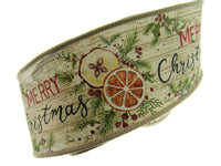 Wired Woven Edge Natural Merry Christmas Ribbon Holly Berries- 2m - 63mm - 46081