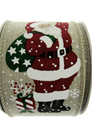 Wired Woven Edge Natural Christmas Ribbon with Jolly Santa - 2m - 63mm - 46086