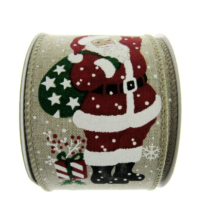 Wired Woven Edge Natural Christmas Ribbon with Jolly Santa - 2m - 63mm - 46086