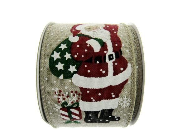Wired Woven Edge Natural Christmas Ribbon with Jolly Santa - 2m - 63mm - 46086