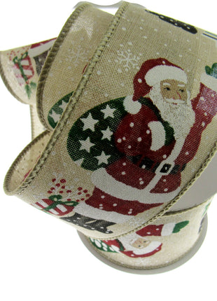Wired Woven Edge Natural Christmas Ribbon with Jolly Santa - 2m - 63mm - 46086