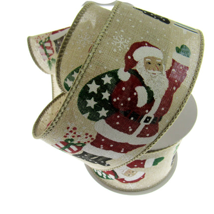 Wired Woven Edge Natural Christmas Ribbon with Jolly Santa - 2m - 63mm - 46086