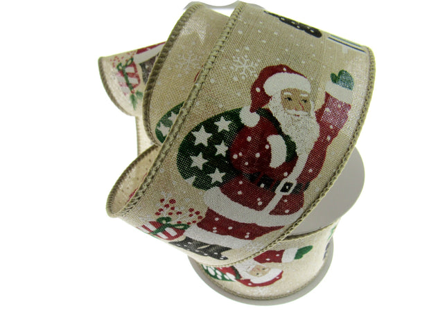 Wired Woven Edge Natural Christmas Ribbon with Jolly Santa - 2m - 63mm - 46086