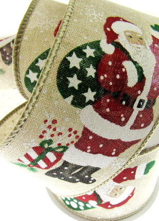 Wired Woven Edge Natural Christmas Ribbon with Jolly Santa - 2m - 63mm - 46086