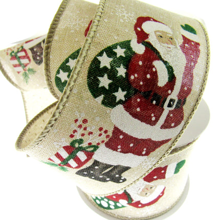 Wired Woven Edge Natural Christmas Ribbon with Jolly Santa - 2m - 63mm - 46086