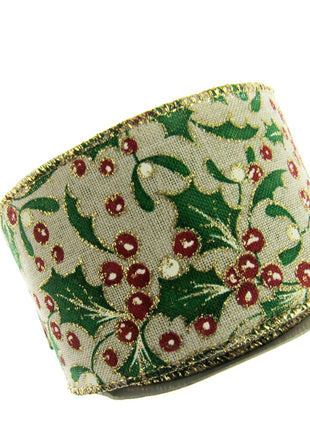 Wired Christmas Ribbon Holly & Berries 38mm/63mm - 2 Meter Length 46085 - ThreadandTrimmings