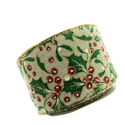 Wired Christmas Ribbon Holly & Berries 38mm/63mm - 2 Meter Length 46085