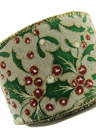 Wired Christmas Ribbon Holly & Berries 38mm/63mm - 2 Meter Length 46085 - ThreadandTrimmings