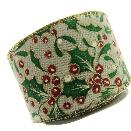 Wired Christmas Ribbon Holly & Berries 38mm/63mm - 2 Meter Length 46085