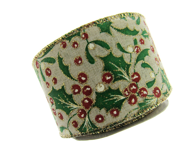 Wired Christmas Ribbon Holly & Berries 38mm/63mm - 2 Meter Length 46085 - ThreadandTrimmings