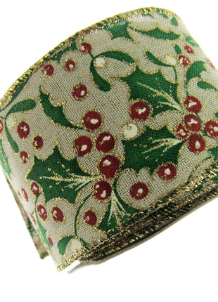 Wired Christmas Ribbon Holly & Berries 38mm/63mm - 2 Meter Length 46085 - ThreadandTrimmings
