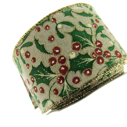 Wired Christmas Ribbon Holly & Berries 38mm/63mm - 2 Meter Length 46085