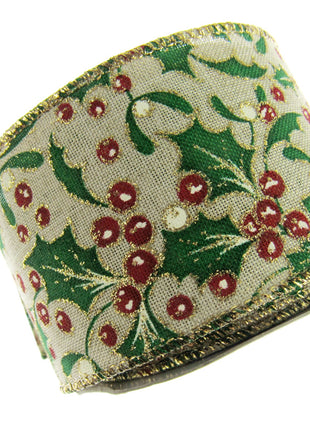 Wired Christmas Ribbon Holly & Berries 38mm/63mm - 2 Meter Length 46085 - ThreadandTrimmings