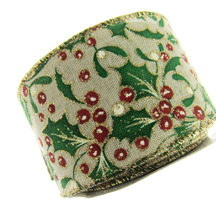 Wired Christmas Ribbon Holly & Berries 38mm/63mm - 2 Meter Length 46085