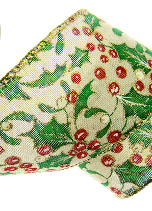 Wired Christmas Ribbon Holly & Berries 38mm/63mm - 2 Meter Length 46085 - ThreadandTrimmings