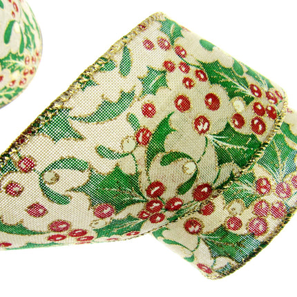 Wired Christmas Ribbon Holly & Berries 38mm/63mm - 2 Meter Length 46085