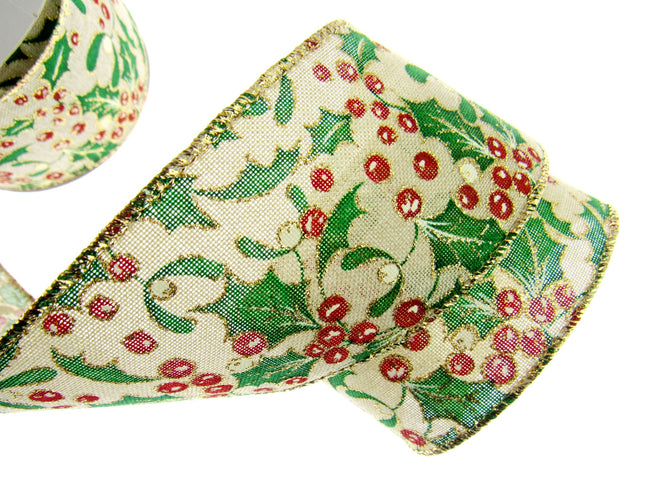 Wired Christmas Ribbon Holly & Berries 38mm/63mm - 2 Meter Length 46085